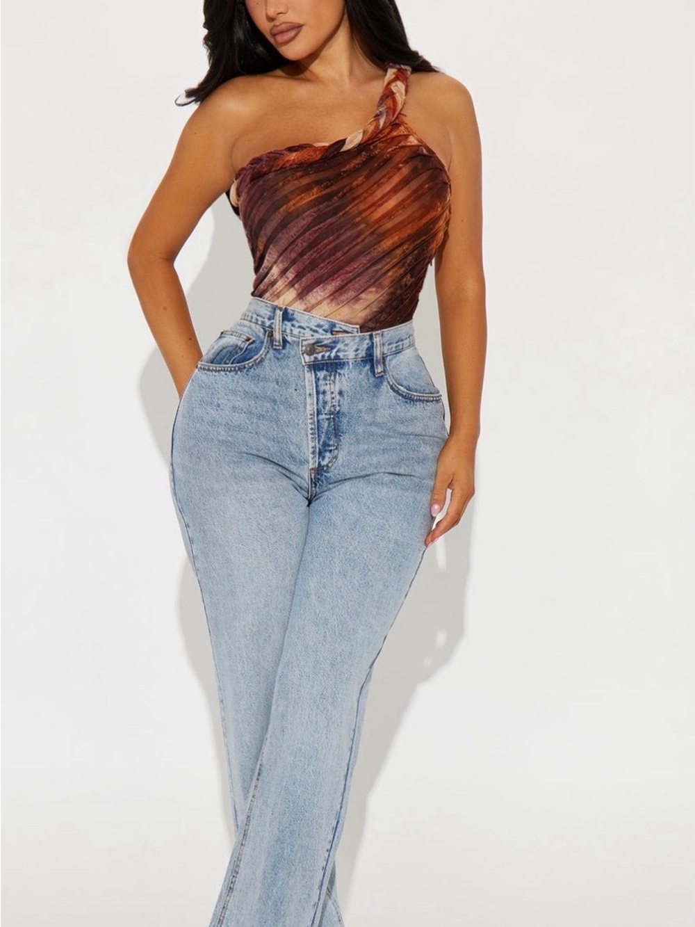 Fashion Nova, One shoulder mesh ruffle ombré brown body suit - brand new SZ M